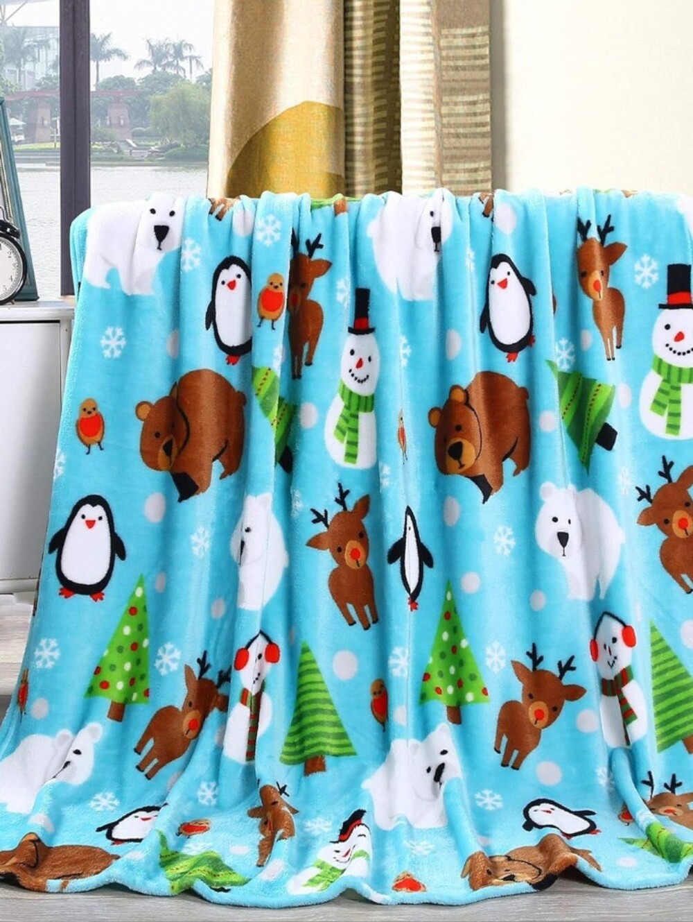 Christmas Throw Brown Polar Bear Penguin Tree Plush 50x60